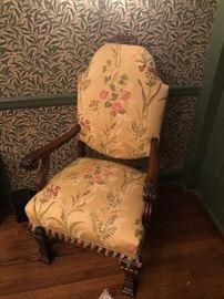 antique armchair, carved wood, upholstered seat and back