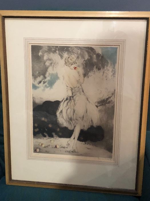Louis Icart, etching, "Spilled Apples"