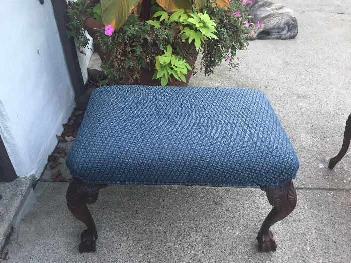 Chippendale style bench with blue upholstery by Baker
