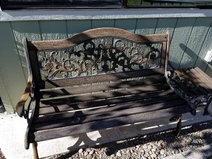 Wrought Iron and Wood Bench and Side Table
