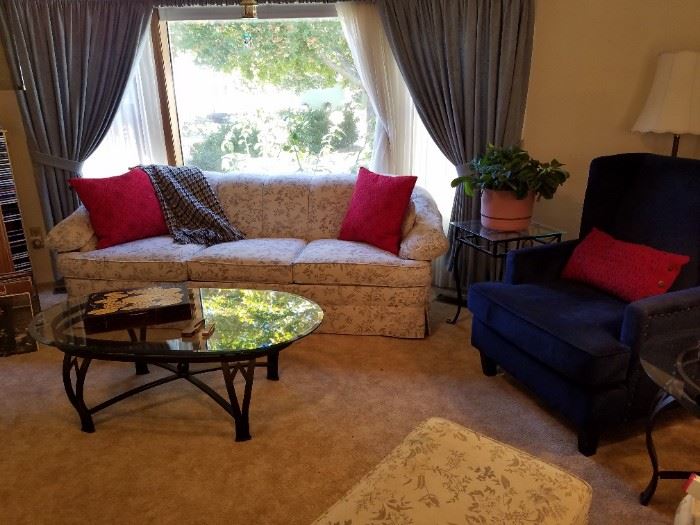 Excellent Neutral toned Sofa. Wrought Iron Glass Oval Coffee Table. Navy Blue Arm Chair. Several Wrought Iron Glass Accent Tables. Curtains and Shears are also for sale. Prayer Plant.