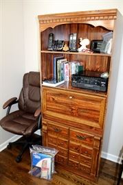 Wood bookcase, rolling desk chair