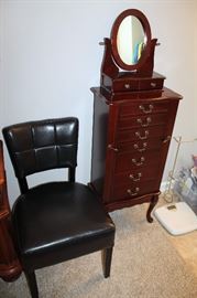 Jewelry armoire, side chair