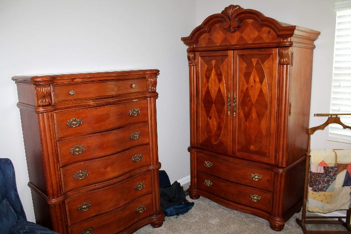 Broyhill bedroom set - queen bed, 2 nightstands, dresser with mirror, chest-of-drawers, and armoire