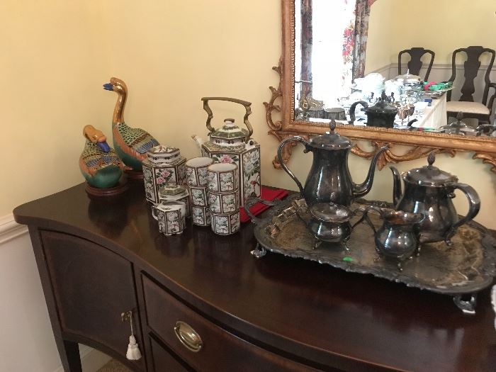 Silver plated tea service, Asian tea service and mid century painted ducks
