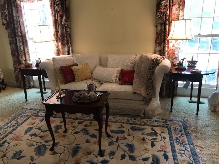 Cream Damask sofa by Lexington, Tea Table and pair of Hickory Chair Furniture Co. Pembroke drop leaf end tables
