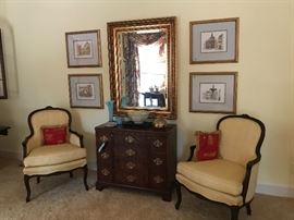 Baker burl wood server, pair of french style accent chairs