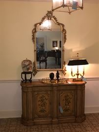 Vintage Henredon Tuscan Gold server/cabinet, Gold gilt mirror, bamboo brass tray, brass/tole lamp