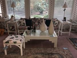 Ficks Reed Wicker couch, Chairs, End Tables, Stools