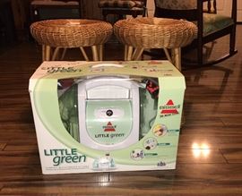 New in box Carpet Cleaner and pair of wicker end tables