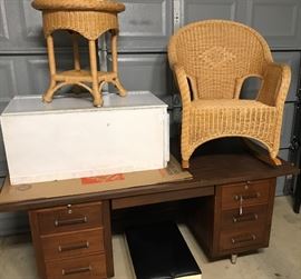 Executive Desk, New Wicker Rocker and Side Table