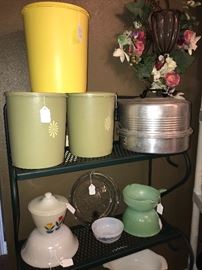 Complete Vintage Tupperware Canisters, Aluminum cake carrier and Fireking