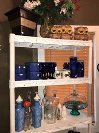 Vintage Ceramic Owl Canisters, Blue glassware and vintage bottles