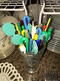 Vintage Cocktail stirs, many from local establishments that are no longer in existence 