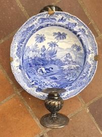 Charming blue & white ceramic plate. Back is stamped "Chasing After a Wolf" and "Spode."  Backed by a cross-shaped brass frame, fronted by a silverplate (?) candle holder. Ready to hang.