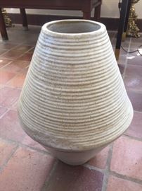 Large ceramic vessel in a biconical shape, feels hand built. No mark on the bottom. Guessing mid-century American. Easy on the eyes, in shades of sandy beige and speckled eggshell. 