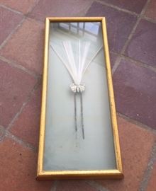 Edwardian or Victorian hair ornament in a gilt wood frame. Both metal prongs show signs of serious oxidation but upper parts in very good condition. 