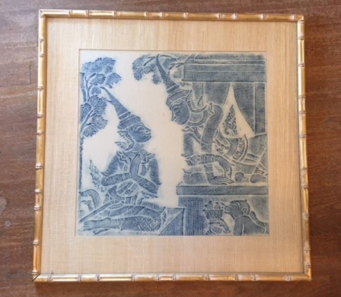 Thai or Cambodian print in gilt wood frame resembling the nodes of a bamboo plant. 