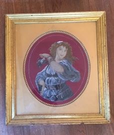 Beaded needlepoint in a gilt frame, depiciting a lady flamenco dancer. Ca. late 19th century.