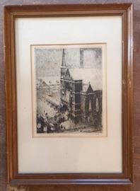 Nice old framed print of European (?) cathedral.