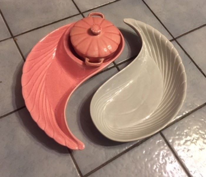 Two vintage ceramic relish trays that read "Made in California" on the back. Pink covered bowl reads "W.S, George" company on the bottom.