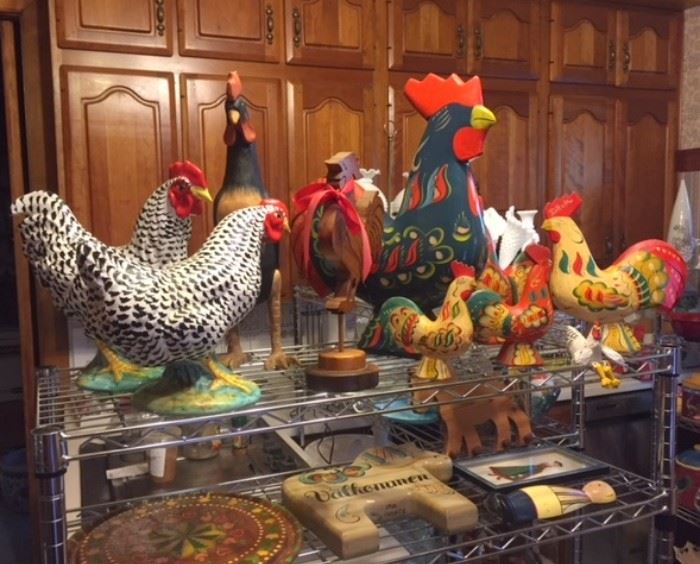 Swedish wooden roosters, other roosters, and other decorative Swedish things from our kitchen department.