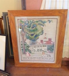 Framed embroidery depicting Mount Vernon, from our Americana department in the 3rd floor ballroom.