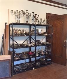 Our silverplate hollow ware department in the 3rd floor ballroom: silverplate candlabra, coffee service sets, bowls, trays, chafing dishes, ice bucket, and more.