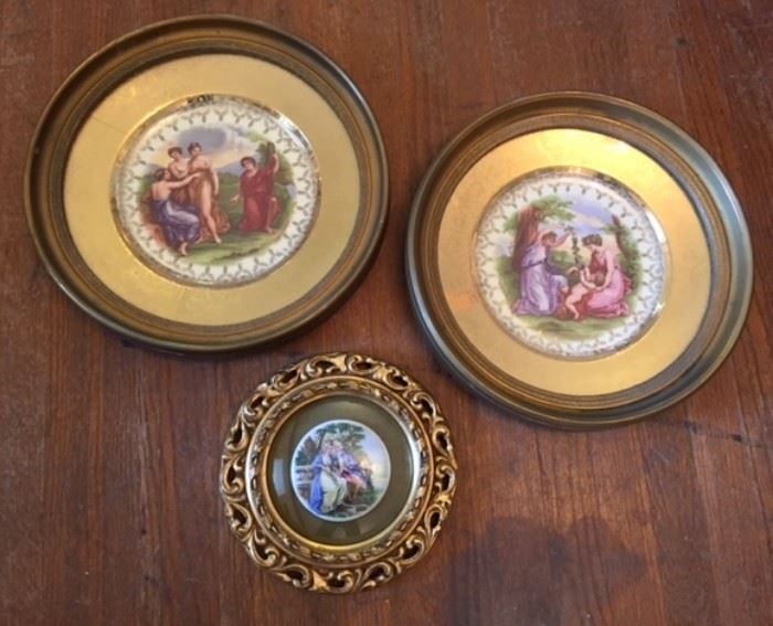 Framed European porcelain plates.