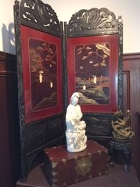 Magnificent Japanese carved wood screen with figures in elegant landscapes.  From our first floor dining room.