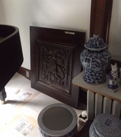 Architectural wood panel and Chinese blue & white jars, in the first floor living room. 