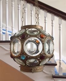 Magnificent antique beveled & bejewelled glass & brass hanging globe, recently cleaned and rewired by Adams Electric in Wilmette. In the front entrance halllway. 