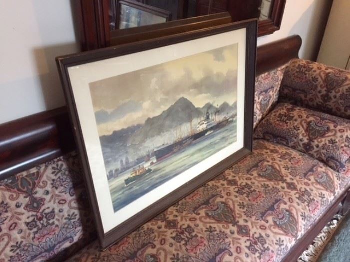 Framed watercolor painting of Hong Kong Harbor by Chinese artist "Ling," ca. mid-20th century. In the second floor sitting room.