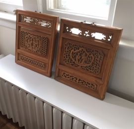 Pair of late 19th/early 20th c. Chinese carved wood screen panels in the master bedroom. 