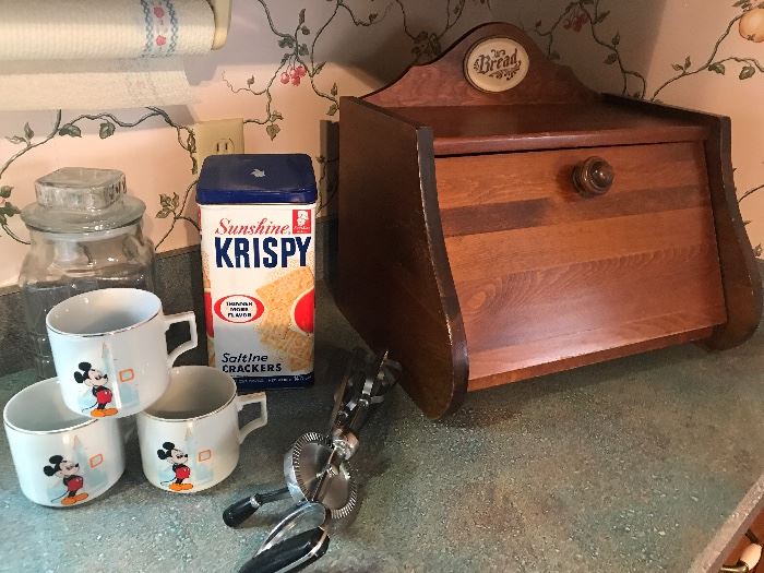 VintageWood Bread Box, Sunshine Krispy Cracker Tin, Walt Disney Productions Coffee Mugs