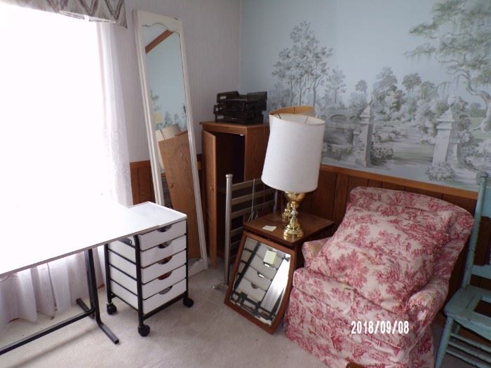 Long Folding Mirror, Cabinet, End Table with Lamps, Drafting Table, 5 drawer roll around Cart, small Mirror - main level