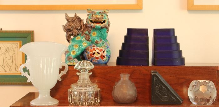 Deco blue glass bookends, glassware, Green Kutani-ware foo dog (one of a pair)