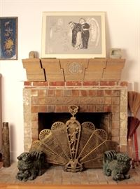 Artwork by José Luis Cuevas, Batchelder tile mantel supports, pr. bronze Chinese foo dogs, brass peacock fire screen