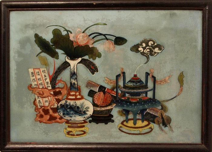 Framed Qing Dynasty scene, reverse-painted on glass