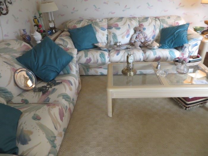 Upholstered Sofa & Love Seat, Sofa Table, Lamp, Coffee Table