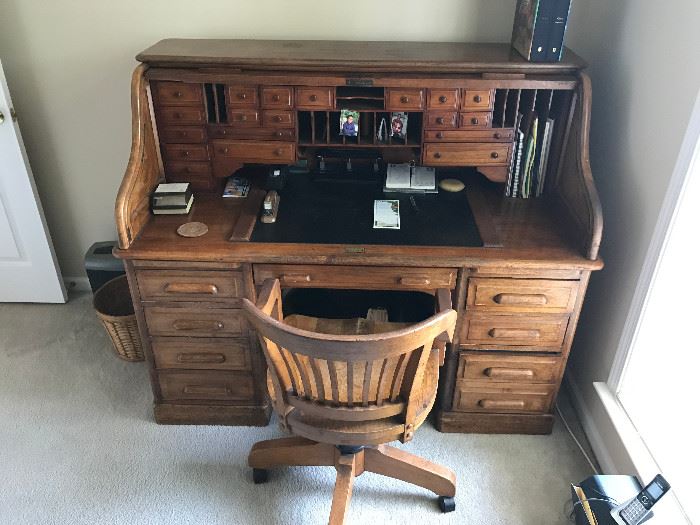 Oak roll top desk with chair
