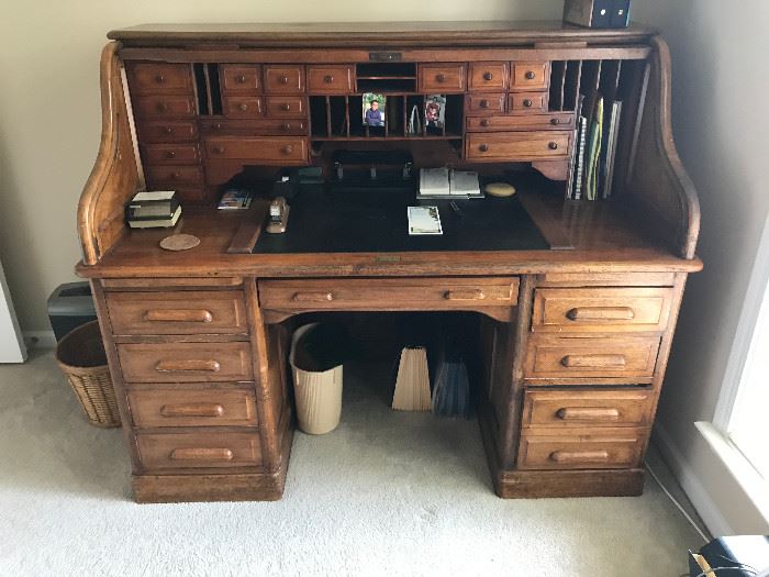 Oak roll top desk with chair