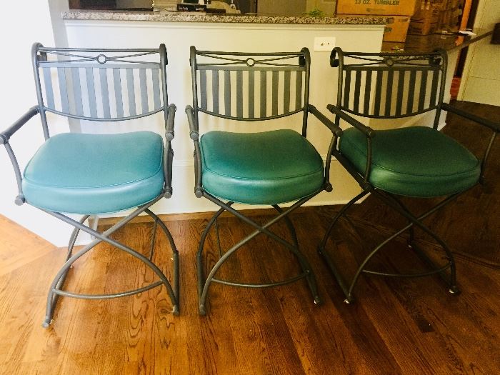 Teal/turquoise metal back with leather seats bar stools