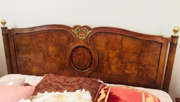Queen size burl wood headboard with brass accents