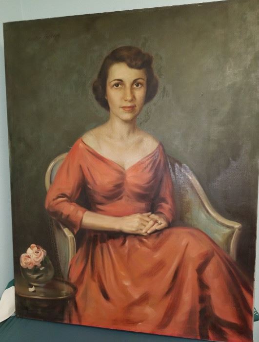 Painting of a Woman in a Red Dress Seated by Lester Bentley 40x32 canvas BD0909.  https://www.ebay.com/itm/123405245050