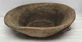 Hugh Antique Turkish Primitive Hand Craved Wooden Bowl ~ 2' diameter with handle CW0112