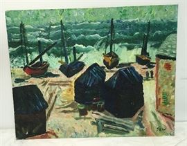 Oil on Board Seaside with Boats by JKW RM1266 https://www.ebay.com/itm/123405406780