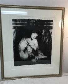 El Angel Salvaje by Josephine Sacabo Contemporary Art Lithograph Framed from the "Tropics of Memory, Nocturne Series" 1998 El Angel Salvaje (the wild angel), is a photographic-based black-and-white screen print captured on Good Friday in Antigua, Guatemala. It depicts a sensuous seated nude female who wraps her arms around her legs and rests her head on bent knees while she looks upward to the heavens. To Sacabo, during this one week a year, "one can witness in all its hypnotic exultation, the eternal drama of the humiliation, torture, and death of innocence." https://www.ebay.com/itm/123417580391