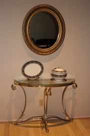 Demi-Lune  Glass & Brass Foyer Table with Decorative Oval Mirror and Decorative Items