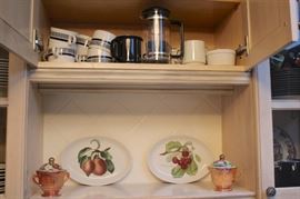 French Coffee Press and Mugs with Decorative Plates and more